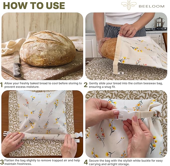 XL Reusable Beeswax Bread Bags (Set of 2) – 100% Cotton & Beeswax Lining – Eco-Friendly - Freezer Safe - Keeps Bread Fresh Longer -Easy to Clean Cloth Bags for Sourdough