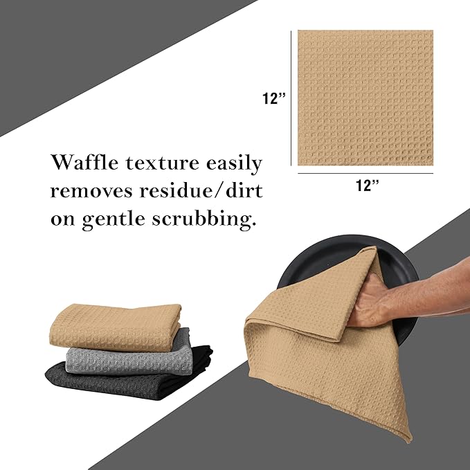 Waffle Dishcloths, 12x12 Inch, Soft, Absorbent, Durable, Quick Drying, Reusable, 100% Cotton, Ideal for Cleaning, Towels, Multipurpose Use, Set of 12, Black,Grey, Beige