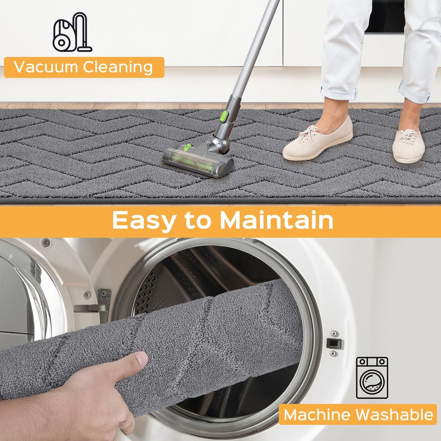 Machine Washable Kitchen Rugs 24" x 36", Non-Slip Kitchen Runner Rugs Mats for Floor, Absorbent Comfort Standing Mats for Kitchen, Sink, Laundry and Hallway, Grey