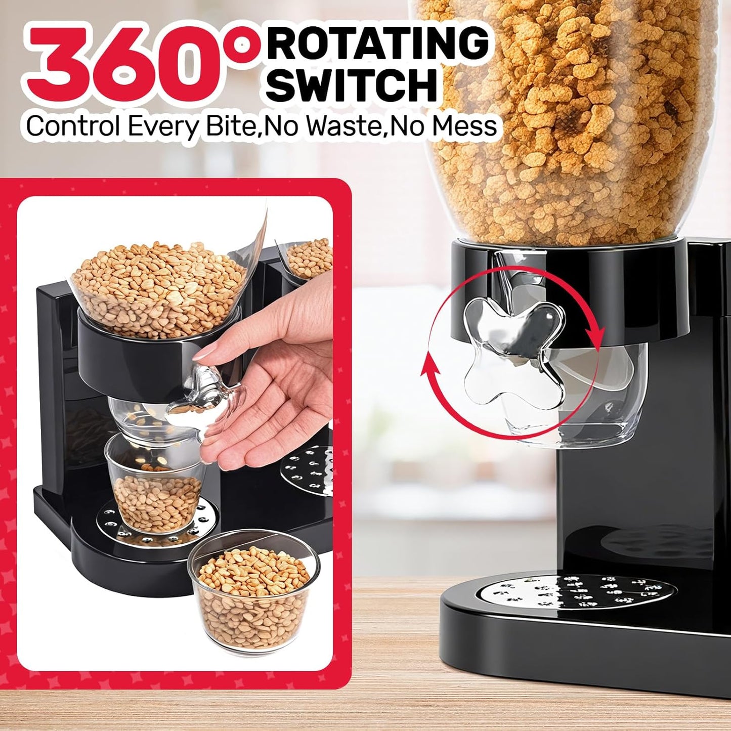 Triple Cereal Dispenser Countertop - 3 Pack 2L Large Cereal Containers Storage Airtight, Rotating Black Plastic Dry Food Dispenser for Cereal, Rice, Grains, Candy, Coffee Beans