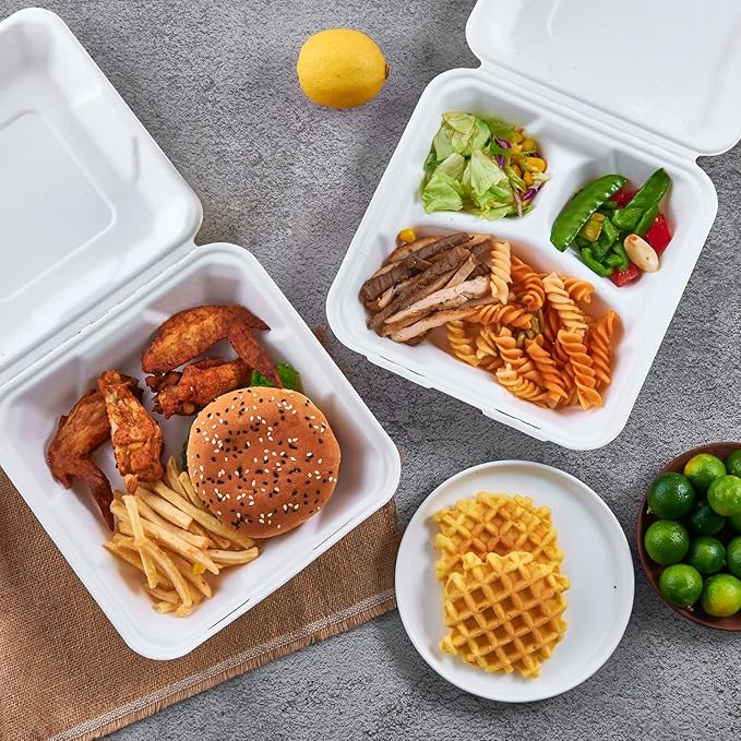 ECOLipak 50 Pack Clamshell Take Out Food Containers, 100% Compostable Disposable To Go Containers, 8X8 inch 3-Compartment Heavy-Duty To Go Boxes