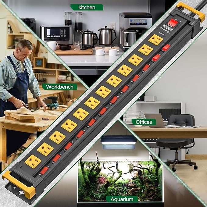 12 Outlet Long Heavy Duty Power Strip with Individual Switches,3300J Surge Protector Metal Power Strip,Wide Spaced,6Ft Cord Managment,ETL Listed(15A/1875W)