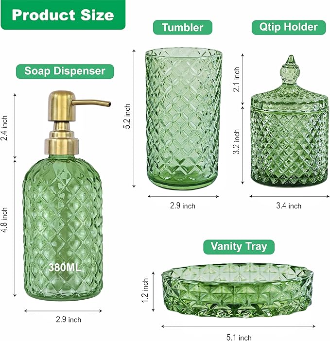Glass Bathroom Accessories Set, 4Pcs Sage Green Bathroom Sets, Lotion Soap Dispenser, Toothbrush Holder, Soap Dish, Qtips Holder for Modern Bathroom Decor, Crystal Vintage Gift Set