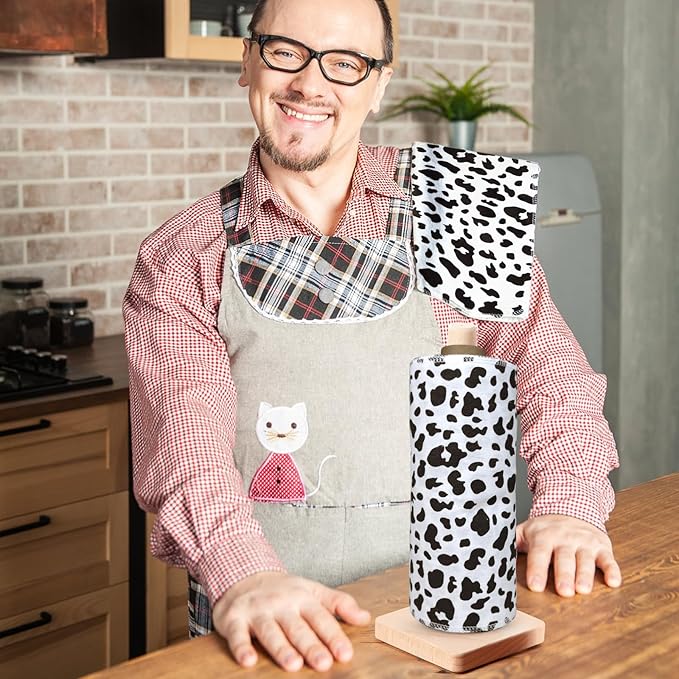 25 Pack Cow Pattern Print Reusable Paper Towels Bulk Washable Cotton Towels for Kitchen Rustic Dish Towel Cloth Hand Towels with Cardboard Roll Napkins Rag Bathroom Supplies(10x12in)