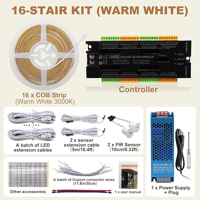 Intelligent 16-Step Motion Sensor Stair Light for Indoor, 40 inches Long Cuttable Motion Lights for Stairs (16 Stairs,3000K)