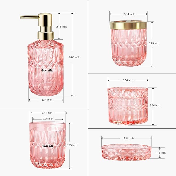 5pcs Clear Glass Bathroom Accessories Set, Crystal Pink Bath Decor with Soap Dispenser, Toothbrush Holder Set, Soap Dish, Tumbler, Qtips Holder, Modern Decor for Bathroom, Vintage Gift Set