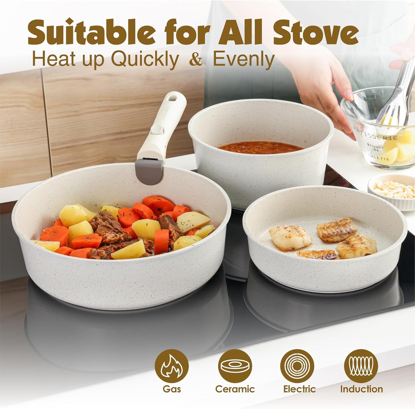 SENSARTE 24 Piece Pots and Pans Set, Nonstick Detachable Handle Cookware, Induction Kitchen Cookware Set with Removable Handle, Healthy Non Stick for RV, Dishwasher & Oven Safe (White)