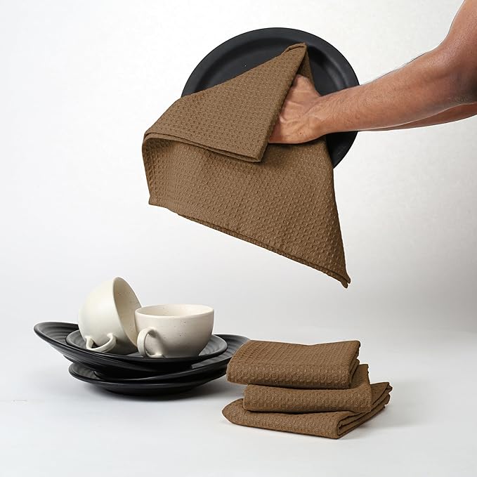 Brown Waffle Kitchen Towels, 16x26 Inch, Durable, Soft, Absorbent, Quick Drying, 100% Cotton, Reusable, Machine Washable, Ideal for Cleaning, Multipurpose Towels, Set of 4