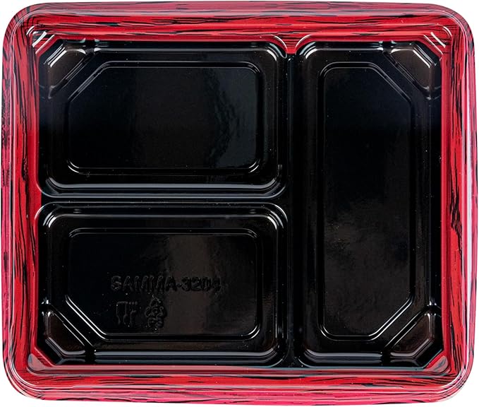 Restaurantware-Bento Tek 16.1 Ounce Meal Prep Containers, 50 Disposable To Go Food Boxes - Lids Sold Separately, 3 Compartments, Red And Black Plastic Bento Lunch Boxes, Freezable, For Take Out