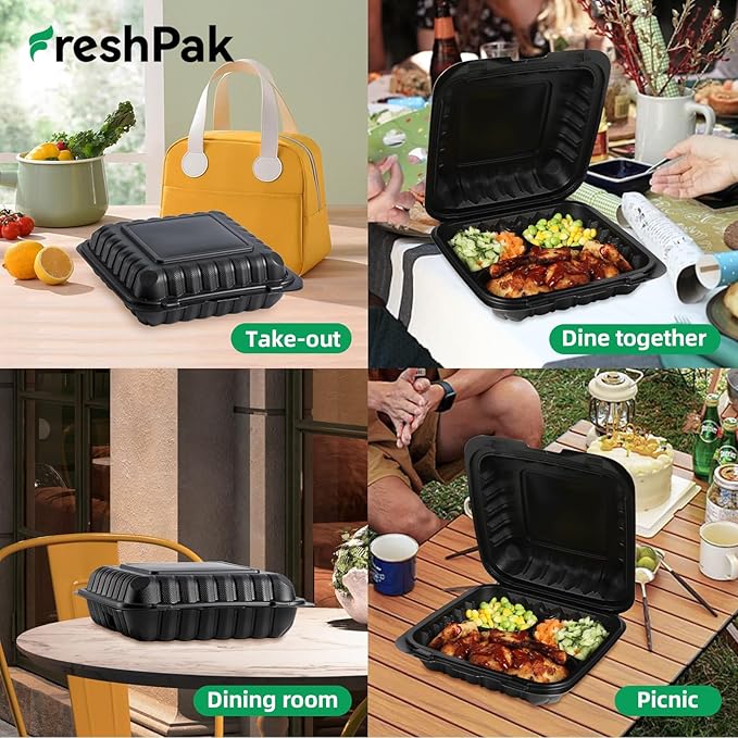 FRESHPAK Food Containers Mineral Filled PP 55 Pack - 8x8 34 oz Shrink Wrap BPA Free Plastic | Stackable Storage Clamshell Takeout Container | Reusable Microwave Safe | 3 Compartment Black Lunch Boxes