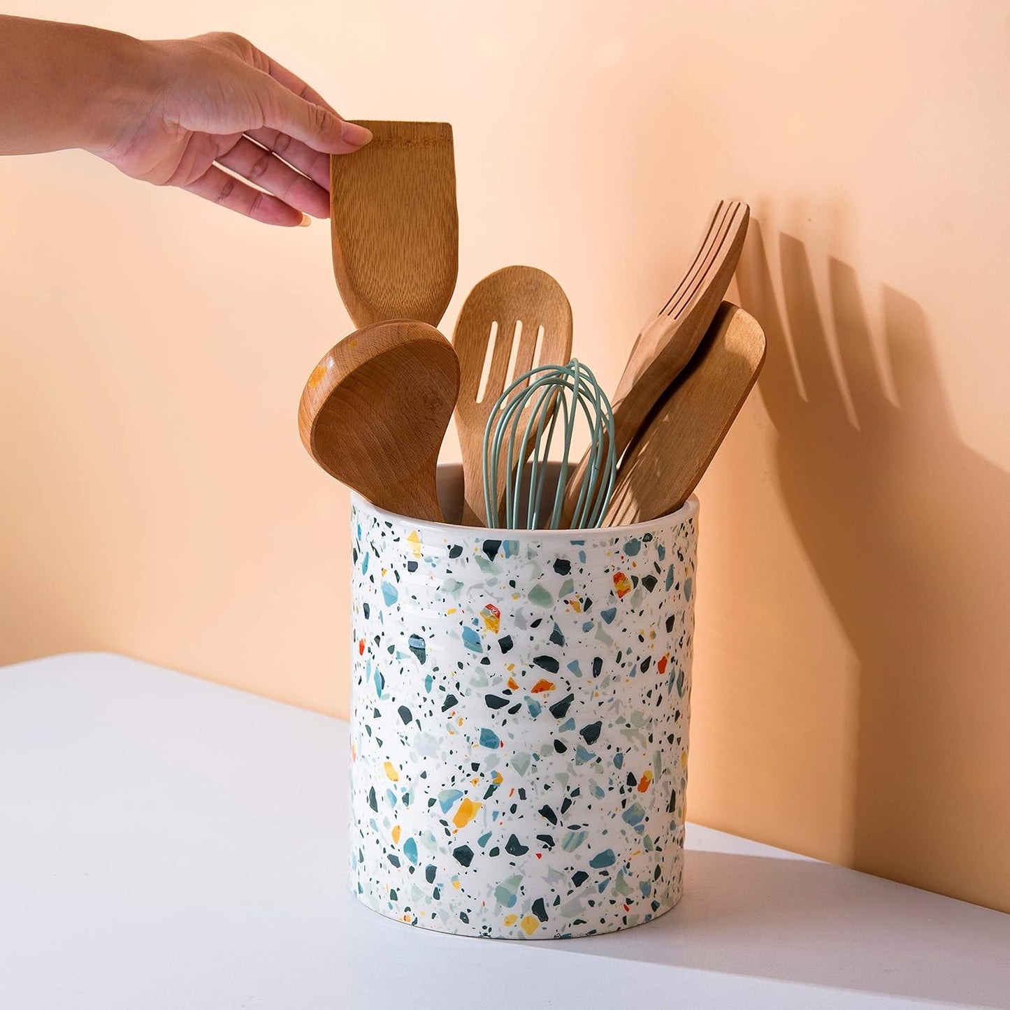 Kitchen Utensil Holder,7.2″Extra Large Stable Terrazzo Marble Pattern Ceramic Utensil Crock,Utensil Organizer for Countertop,Kitchen Decor,Utensil Holder for Housewarming,Wedding Gift Blue