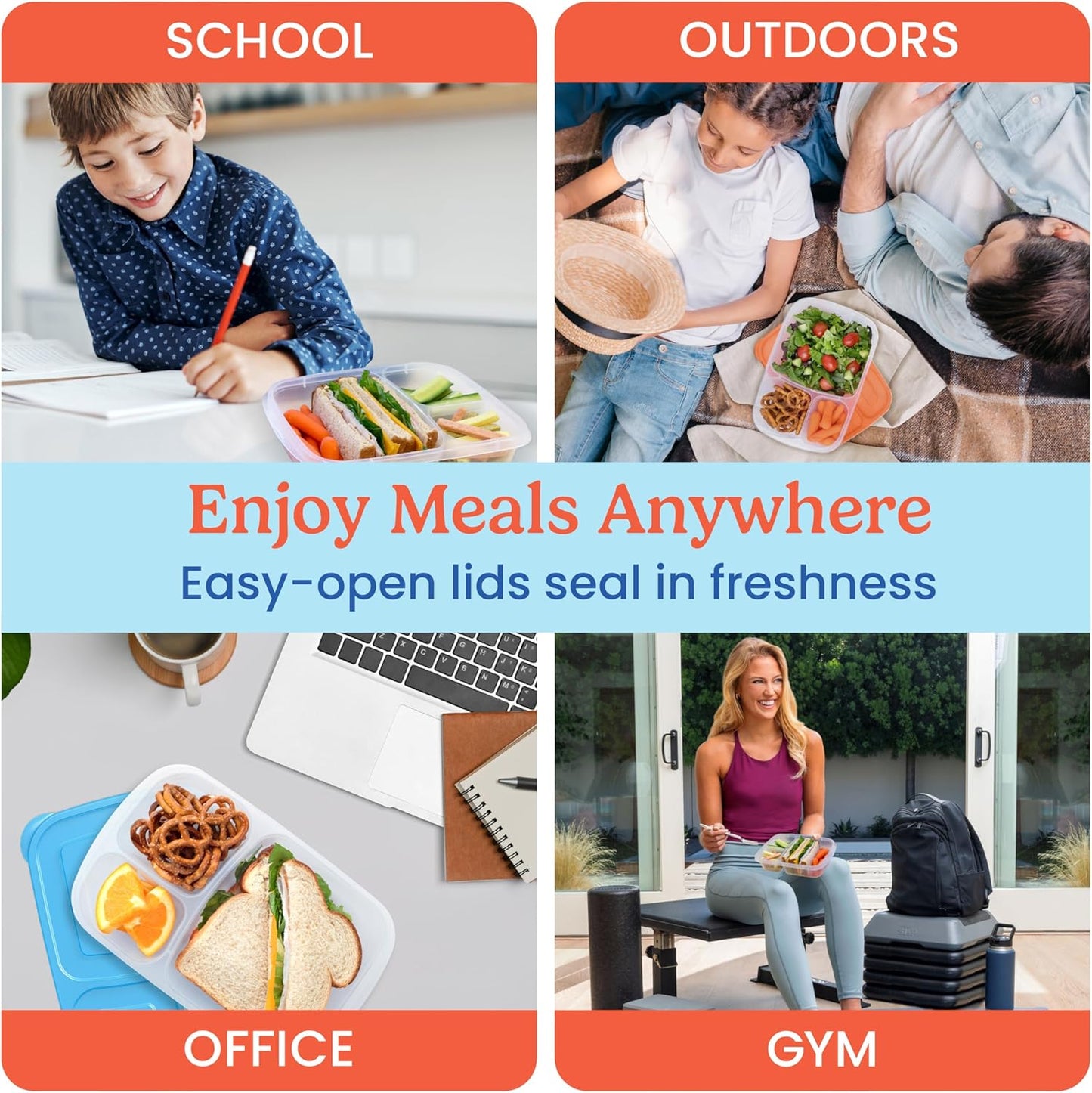 Bentgo Easyboxes - Original Stackable Lunch Boxes - Reusable 3-Compartment Food Containers for Kids and Adults - Bento Lunch Box for Meal Prep, School, & Work - BPA Free, Set of 10 (Classic)