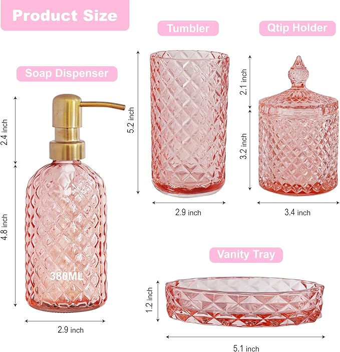 Pink Bathroom Accessories Set, 4Pcs Clear Glass Bathroom Set, Lotion Soap Dispenser, Toothbrush Holder Set, Soap Dish, Qtip Holder for Vintage Crystal Bath Decor, Light Pink