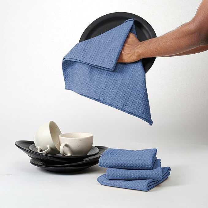 Sky Blue Waffle Kitchen Towels, 16x26 Inches, Absorbent, Durable, 100% Cotton, Soft, Quick Drying, Machine Washable, Perfect for Drying Dishes, Multipurpose Towels, Everyday Use, 4 Pack
