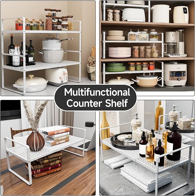 Expandable Cabinet Countertop Shelves, Adjustable Metal Spice Rack Organizer Stackable Stand Extender Counter Storage Shelves for Kitchen Cabinet, Countertop, Pantry and Cupboard, White