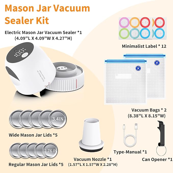 3 in 1 Electric Mason Jar Vacuum Sealer Kit, Auto Stop Jar Vacuum Sealer for Mason Jar Wide & Regular Mouth & Sous Vide Bags Compact vacuum sealer for Food White