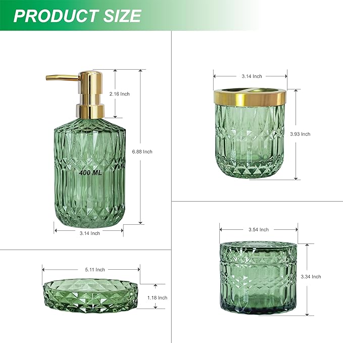 4pcs Green Bathroom Accessories Set, Crystal Glass Bathroom Accessories, Lotion Soap Dispenser, Toothbrush Holder, Soap Dish, Qtips Holder Set for Vintage Bathroom Countertop Decor