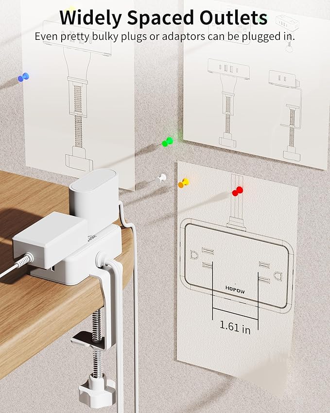 Desk Clamp Power Strip, Desktop Mount Charging Station with 4 Outlets 4 USB Ports (2 USB C), 10Ft Under Desk Power Strip, Fits 2.75" Tabletop Edge, Extension Cord for Home Office, White