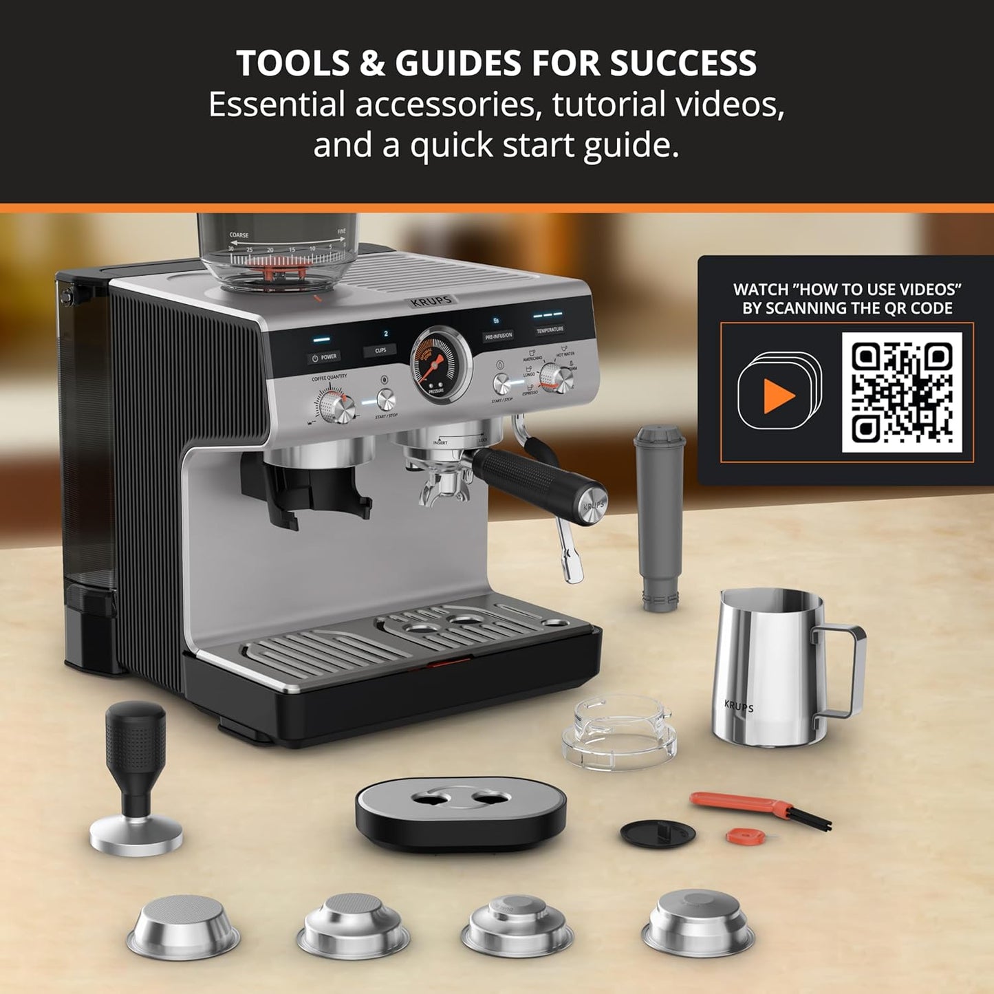 KRUPS Precision Espresso Coffee Machine with Grinder, Latte & Cappuccino Maker, Pump Pressure + Milk Frother Steam Wand, Adjustable Grind Settings for Barista-Quality Results, Stainless Steel & Black