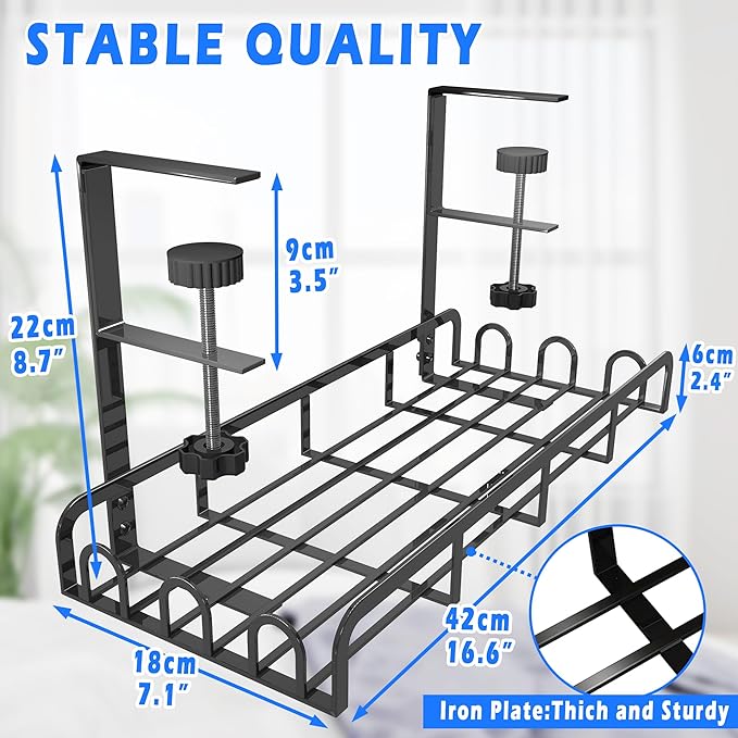 Sleclean Under Desk Cable Management Tray, Upgraded Long Arm Clamp, 16.6"x7.1" No Drill Steel Organizers, Cable Tray with Clamp for Wire Management, Home - No Damage to Desk