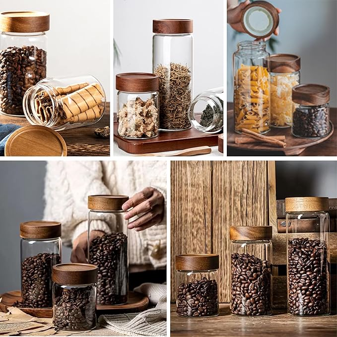 12 oz/350 ml Clear Glass Storage Canister with Airtight Wooden Lid, 4 Pack Small Overnight Oats Containers, Cute Decorative Salad Jar for Snacks Yogurt Spice Sugar Cereal Fruit Coffee Tea