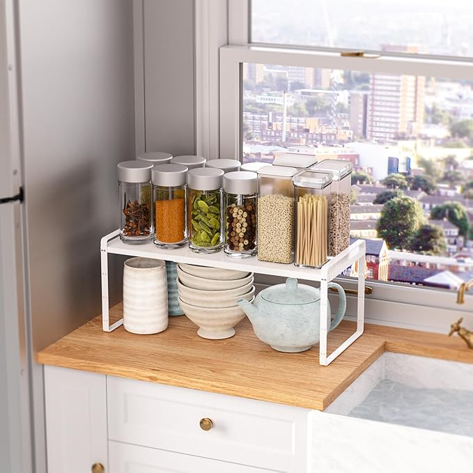 SANNO Expandable Kitchen Shelf Organizers, Stacking Shelf Large Kitchen Cupboard Organizer Stackable Counter Shelf Organizer Large Expandable Shelves, White 3 Pack