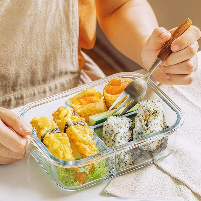 BAYZZ 5 Pack 35 Oz Glass Meal Prep Containers 3 Compartments, Glass Food Storage Containers, Lunch Bento Box with Airtight Lids, Microwave, Freezer & Dishwasher Safe, Green