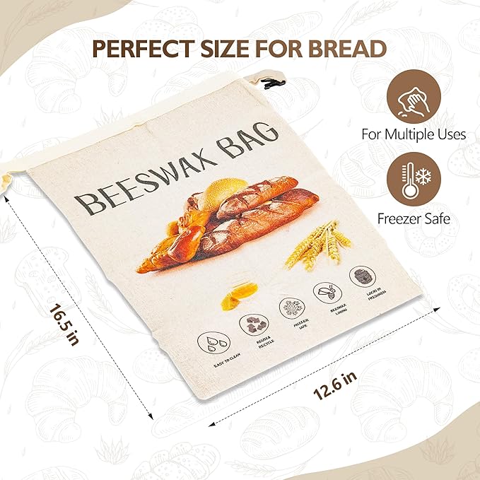 3-Pack Reusable Beeswax Bread Bags for Homemade Bread Sourdough, 2 Natural Beeswax 100% Linen Moisture-proof Lined Storage Bags with Buckle& 1 Bowl Covers –Keeps Bakes Fresh Longer (Bread print color)