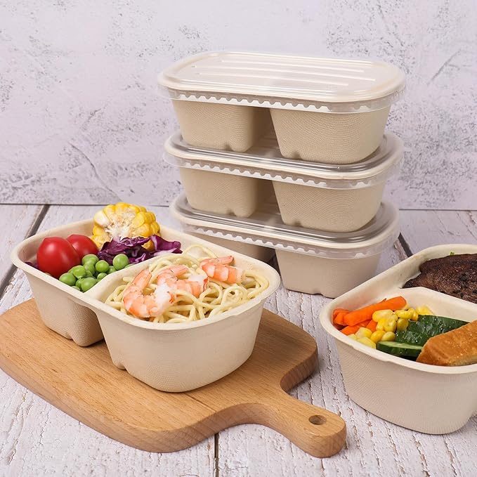 23 oz Disposable bowls with lids, 2 compartments Sugarcane Fiber Food Container Food Storage 50 Pack