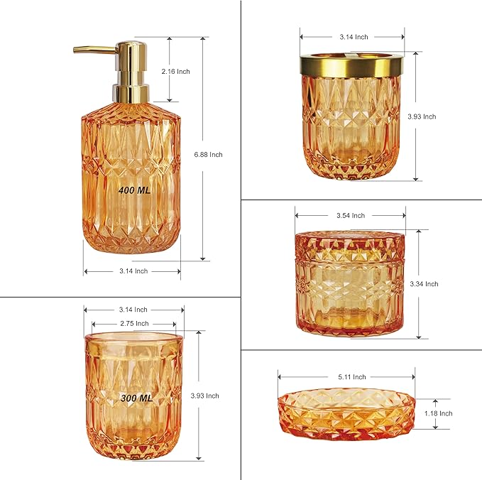 Orange Bathroom Accessories Set, 5Pcs Clear Glass Bathroom Set, Lotion Soap Dispenser, Soap Dish, Tumbler, Toothbrush Holder Set, Qtips Holder for Crystal Vintage Bathroom Countertop