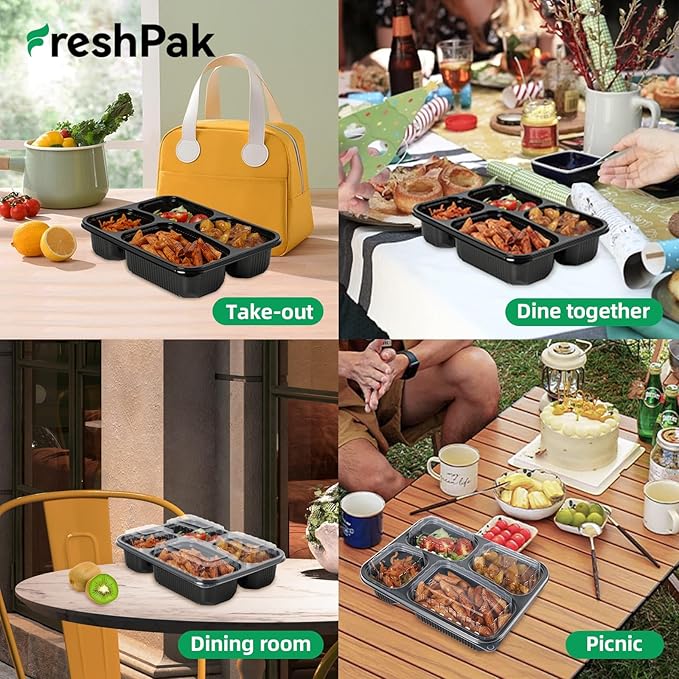 FRESHPAK Meal Prep Container Reusable 40 Pack 34oz - Shrink Wrap Leakproof | Portion Control Leftover Plastic Food Containers with Lid | BPA Free Freezer & Microwave Safe | 4 Compartment Takeout Boxes