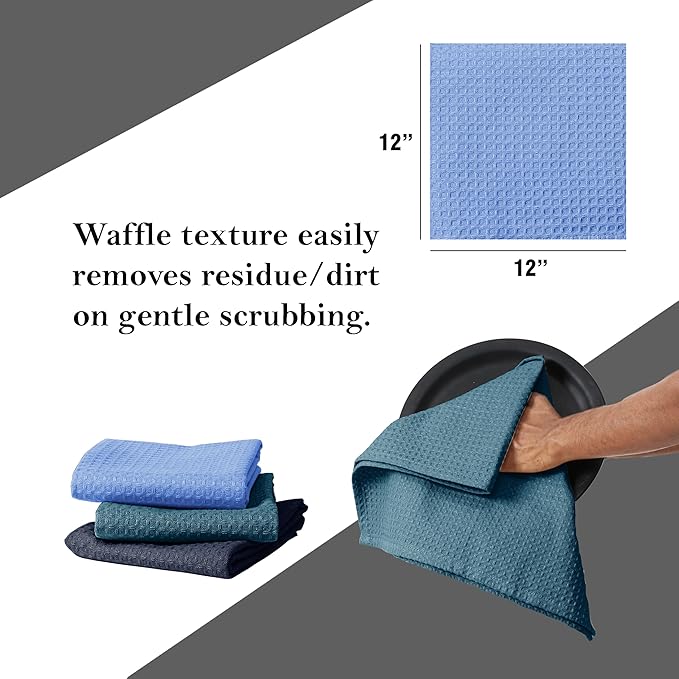 Waffle Dishcloths, 12x12 Inch, Soft, Absorbent, Durable, Quick Drying, Reusable, Machine Washable, 100% Cotton, Ideal for Drying Dishes, Multipurpose Use, 12 Pack, Navy,Teal, Sky Blue