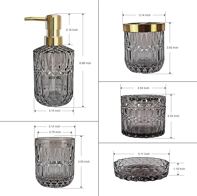 Gray Bathroom Accessories Set, 5Pcs Clear Glass Bathroom Set, Soap Dispenser, Soap Dish, Toothbrush Holder, Cotton Swab Jar, Black and Gold Accent for Crystal Vintage Bathroom Decor