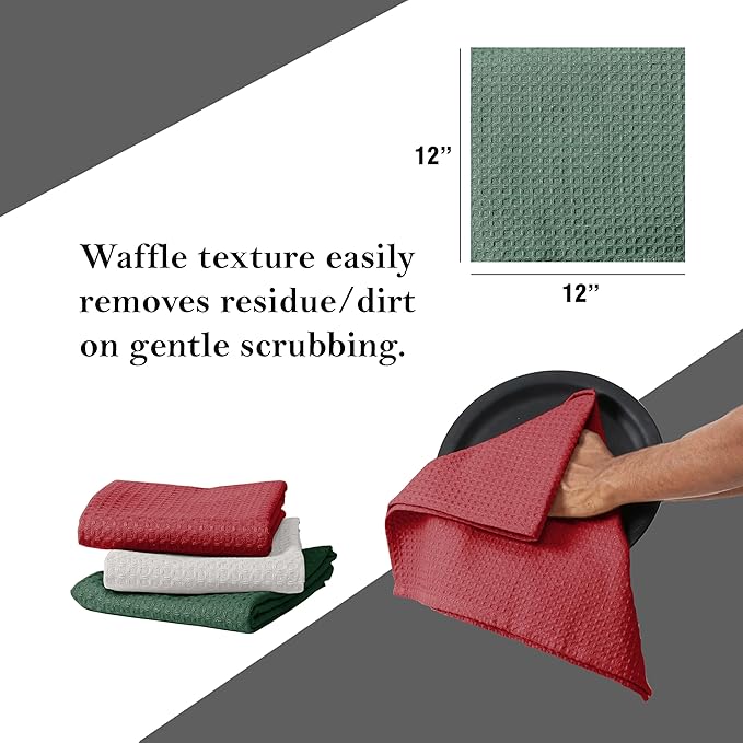 Waffle Dishcloths, 12x12 Inch, Soft, Absorbent, Cotton, Reusable, Quick Drying, Machine Washable, Ideal for Drying Dishes, Cleaning, Multipurpose Use, 12 Pack, Olive Green, White, Red