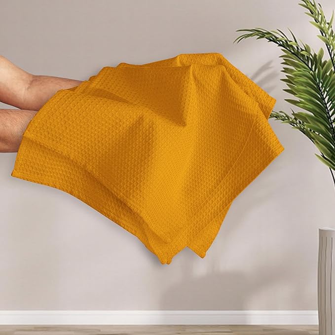 Mustard Yellow Waffle Kitchen Towels, 16x26 Inches, Absorbent, Soft, Durable, 100% Cotton, Fast Drying, Machine Washable, Reusable, Perfect for Cleaning, Multipurpose Towels, Set of 4