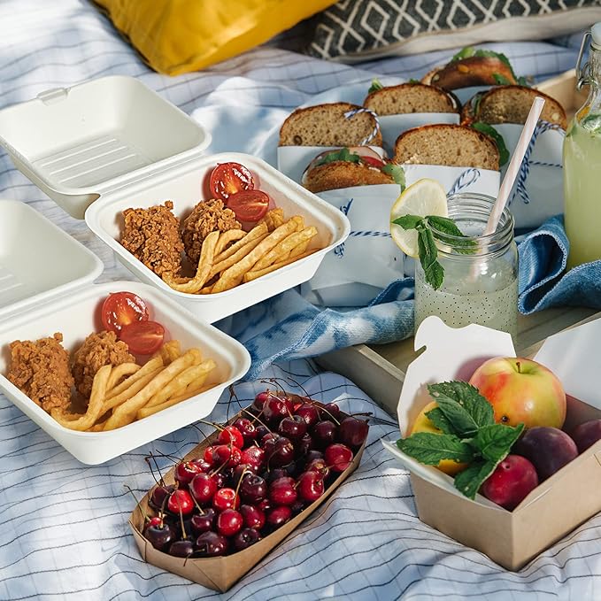 ECOLipak 200 Pack Clamshell Take Out Food Containers, 100% Compostable Disposable To Go Containers,6 * 6 inch To Go Boxes for Salad, Cake,Sandwiches