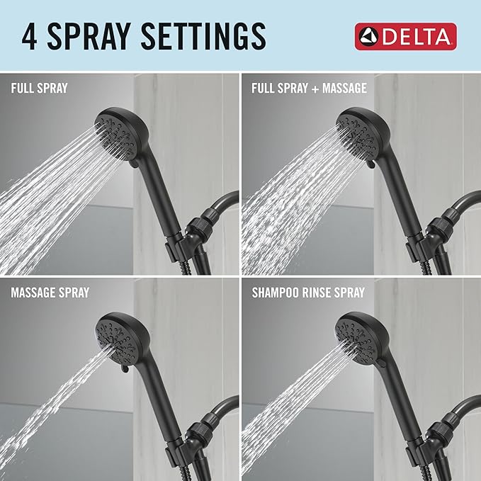 Delta Faucet 4-Spray Handheld Shower Head, Black Shower Head with Hose, Showerheads & Handheld Showers, Handheld Shower Heads, Detachable Shower Head, Hand Shower 2.5 GPM, Matte Black 75413DBL