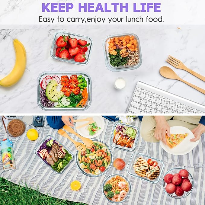 34pcs Glass Food Storage Containers with Lids Set, Airtight Glass Meal Prep Containers (17 Containers & 17 Lids), Leak Proof Lunch Containers BPA-Free, Microwave, Oven, Freezer, Dishwasher Safe