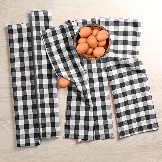 Black Gingham Kitchen Towels, 18x26 Inches, Soft, Absorbent, Durable, Quick Drying, 100% Cotton, Washable & Reusable, Premium Check Towels for Drying Dishes, Drying Hands, and Cleaning
