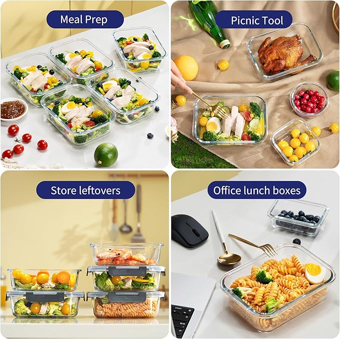 MFY 12-Pack Glass Storage Containers with Lids, Glass Meal Prep Containers Set, Airtight Lunch Containers with Lids, Microwave, Oven, Freezer and Dishwasher Safe, Green
