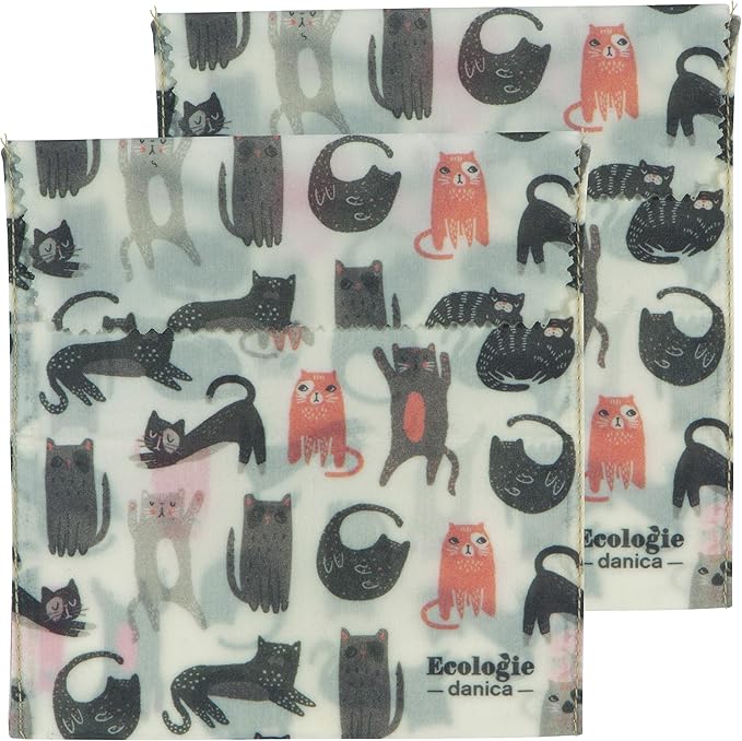 Ecologie by Danica Reusable Beeswax Sandwich Bag Cats, Reusable Food Storage Wrap, W6.5 x L6.5", Set of 2
