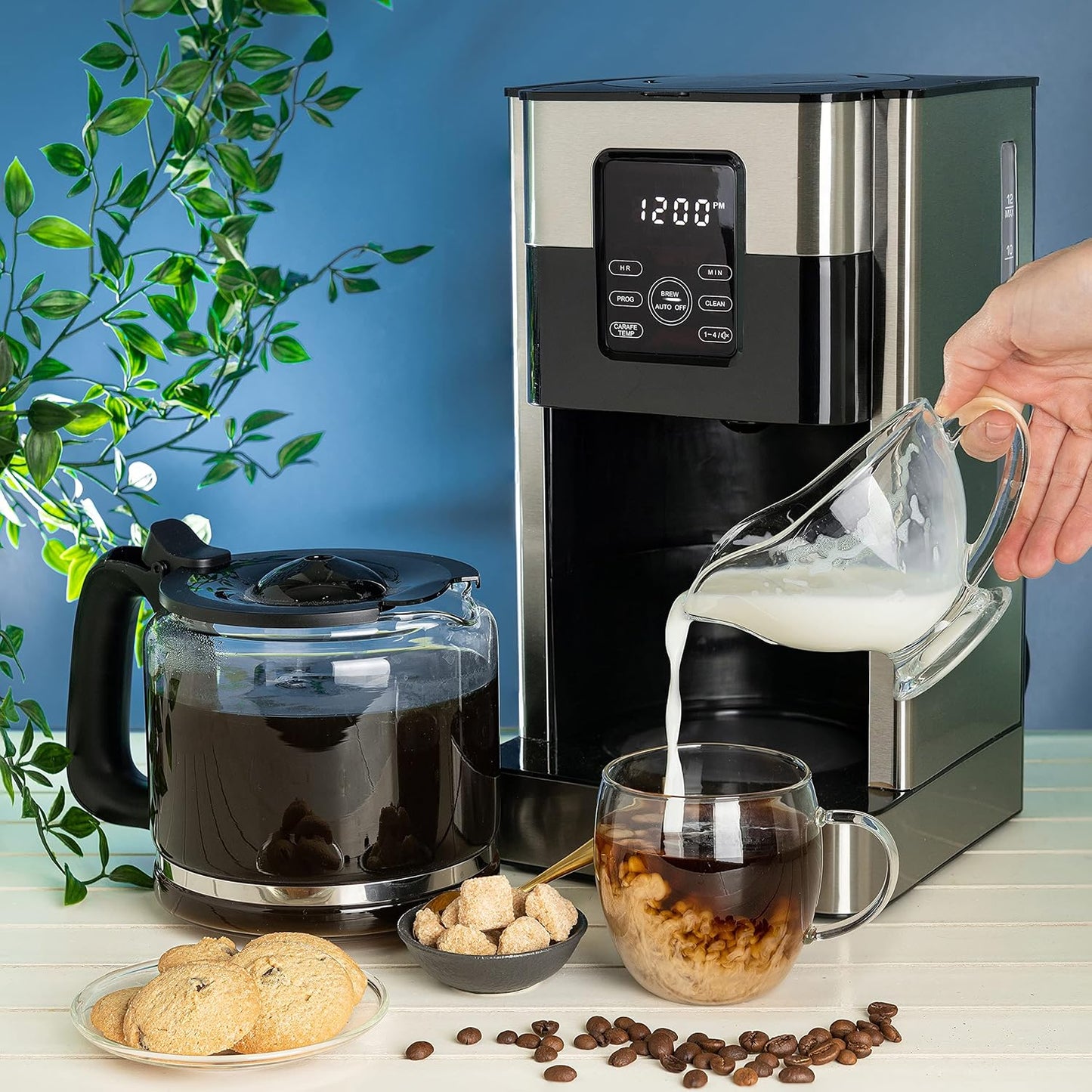 Mixpresso 12-Cup Drip Coffee Maker With Lcd Touch Display, Programmable Coffee Pot Machine, Borosilicate Glass Carafe, Anti-Drip System, Stainless Steel & Black Electric Coffee Maker