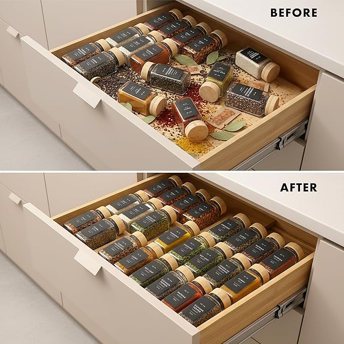 Bamboo Spice Drawer Organizer - Expandable 4 Tier Spice Rack (Need 3" Deep Drawer) 12" to 24" Wide, Seasoning Organizer, Organization Seasoning Rack insert (Jars Not Included)