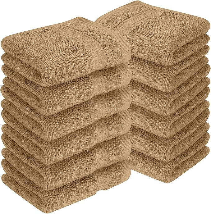 RIVERSIDE 12 Pack Premium 100% Cotton Face Washcloths, 550 GSM, 12 x 12 Inches, Soft, Absorbent Towels for Body & Shower, Bathroom Wash Clothes, Durable Face Towels Set for Spa, Gym, Tan