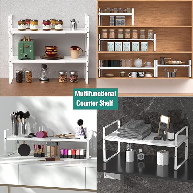 Expandable Cabinet Shelf Organizer Rack, Stackable Kitchen Counter Storage Shelves Stand, Adjustable Height Pantry Shelf Spice Rack, Heavy Duty Nonslip White Small 1Pack