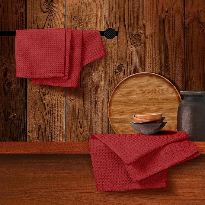 Red Waffle Kitchen Towels, 16x26 Inch, Absorbent, Soft, 100% Cotton, Quick Drying, Reusable, Machine Washable, Perfect for Kitchen Cleaning, Multipurpose Towel for Everyday Use, 4 Pack
