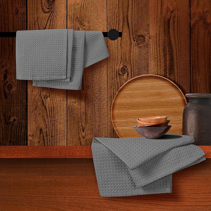 Grey Waffle Kitchen Towels, 16x26 Inches, Soft, Absorbent, 100% Cotton, Durable, Washable, and Quick Drying, Ideal for Kitchen Cleaning, Multipurpose Dish Towels, Set of 4
