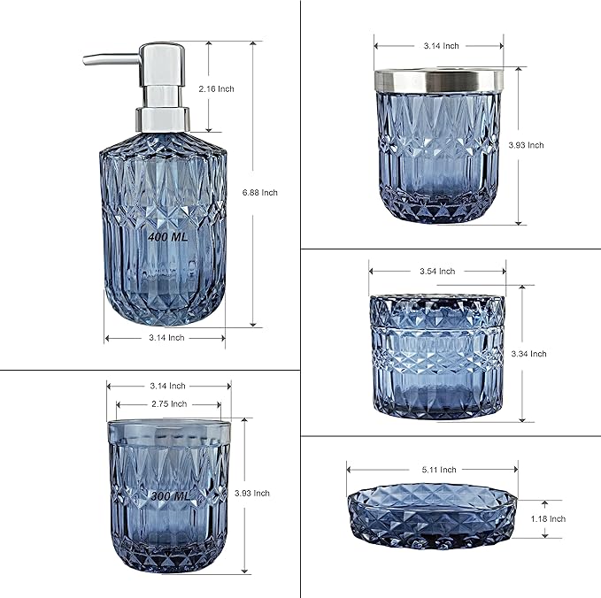 Blue Bathroom Accessories Set, 5Pcs Clear Glass Bathroom Accessories, Hand Soap Dispenser, Soap Dish, Toothbrush Holder Set, Qtips Holder for Crystal Vantage Bath Countertop Decor, Gift Set
