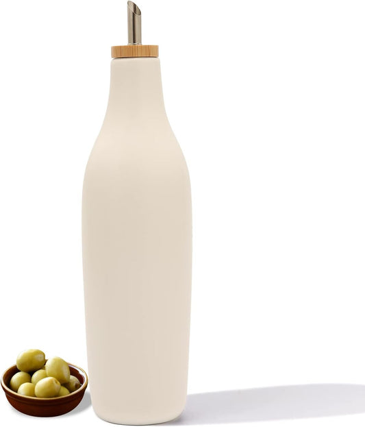 HOMCDALY Ceramic Olive Oil Dispenser for Kitchen, Stoneware 16oz Oil and Vinegar Bottles Dispenser, Kitchen Dispenser Bottle for EVOO Vinegar Syrups, Modern Farmhouse Design(W)