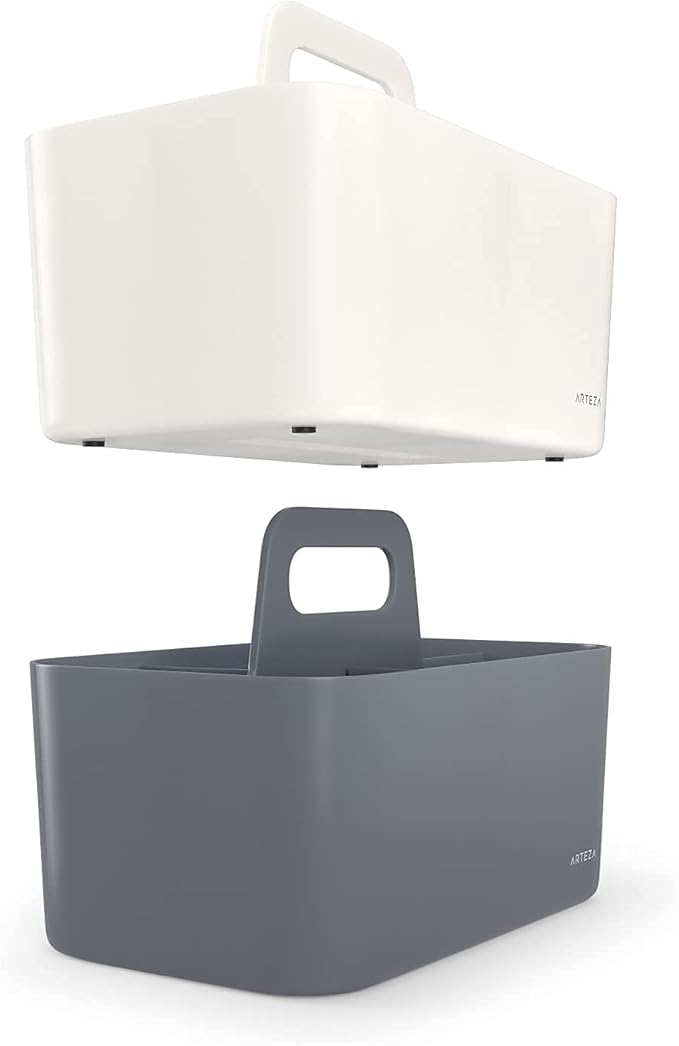 ARTEZA Storage Caddy Pack of 2, Gray and Ivory, 5-Compartment Plastic Caddy Organizer with Easy-to-Remove Divider Partition